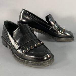 APERLAI Size 7.5 Black Silver Studded Patent Leather Fringed Moccasin Flats